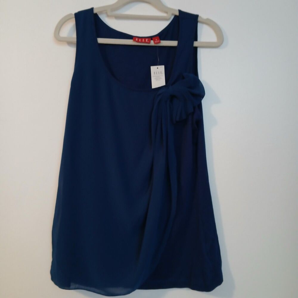 ELLE Blue Tie Knot Sleeveless Pima Cotton Blend Top Blouse Medium EL20027 NEW
